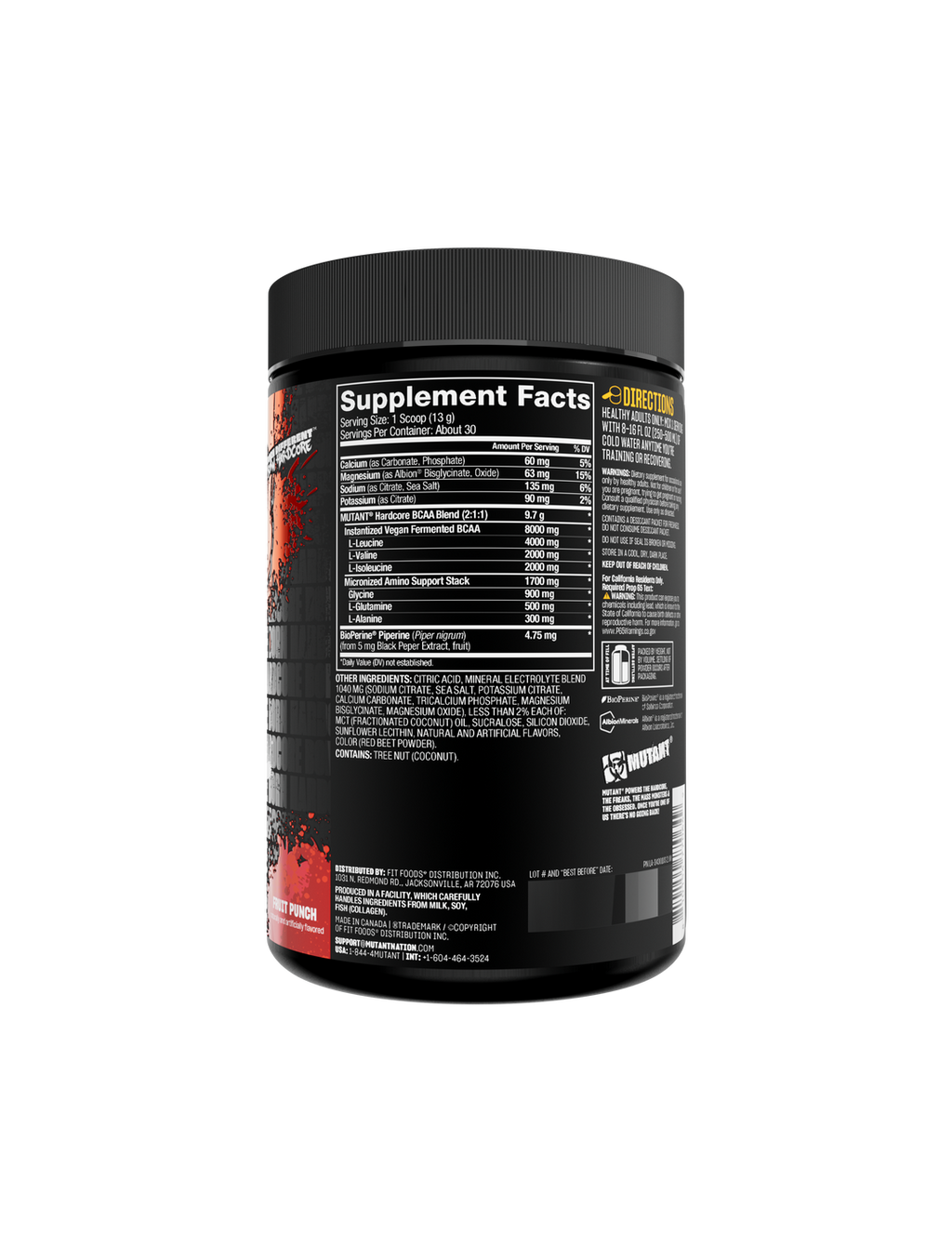 Mutant Hardcore BCAA 390g - Supplement Facts and directions panel