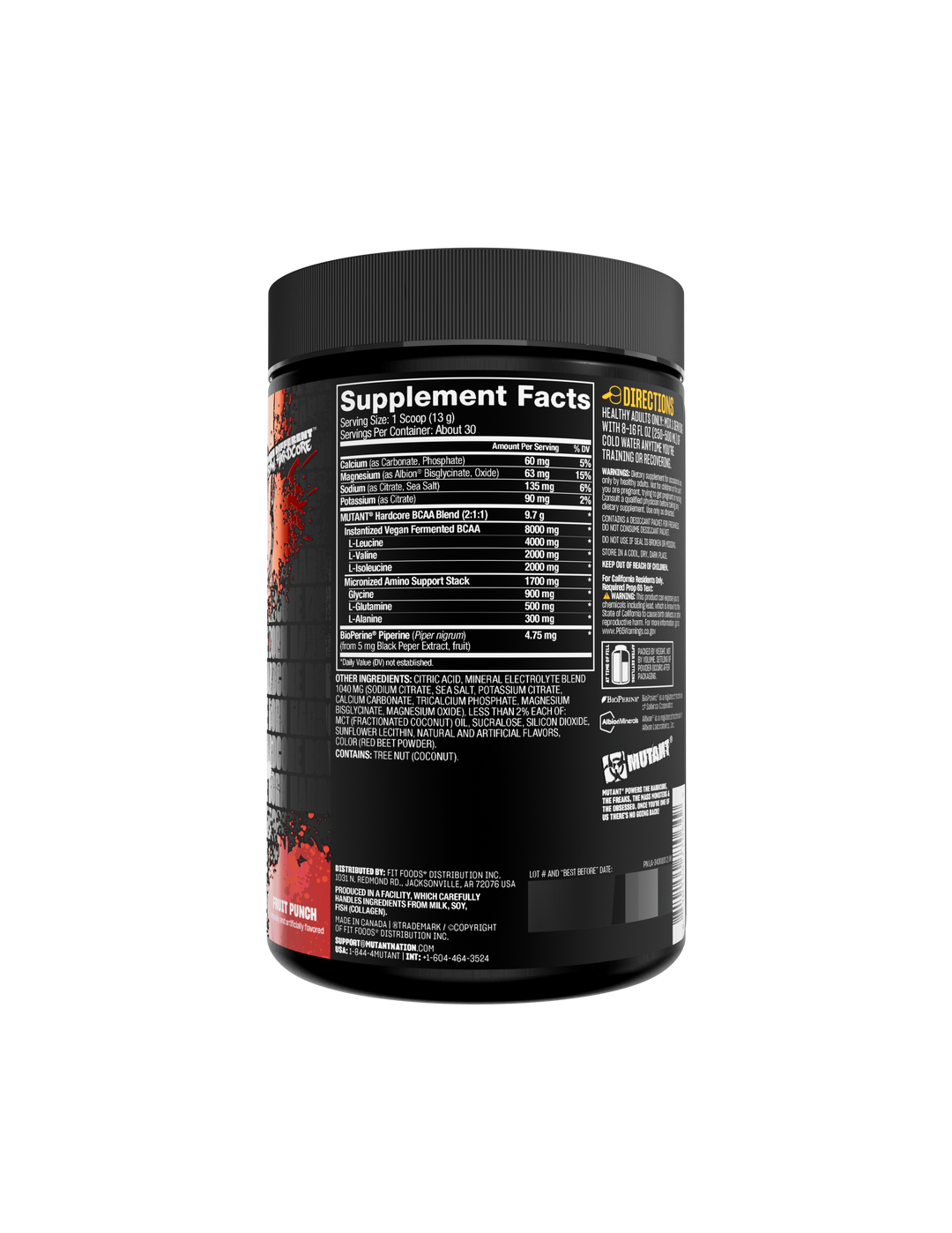 Mutant Hardcore BCAA 390g - Supplement Facts and directions panel