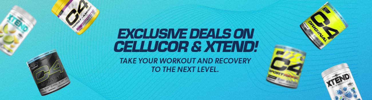 Promotional banner for Cellucor and Xtend products with text on a blue background