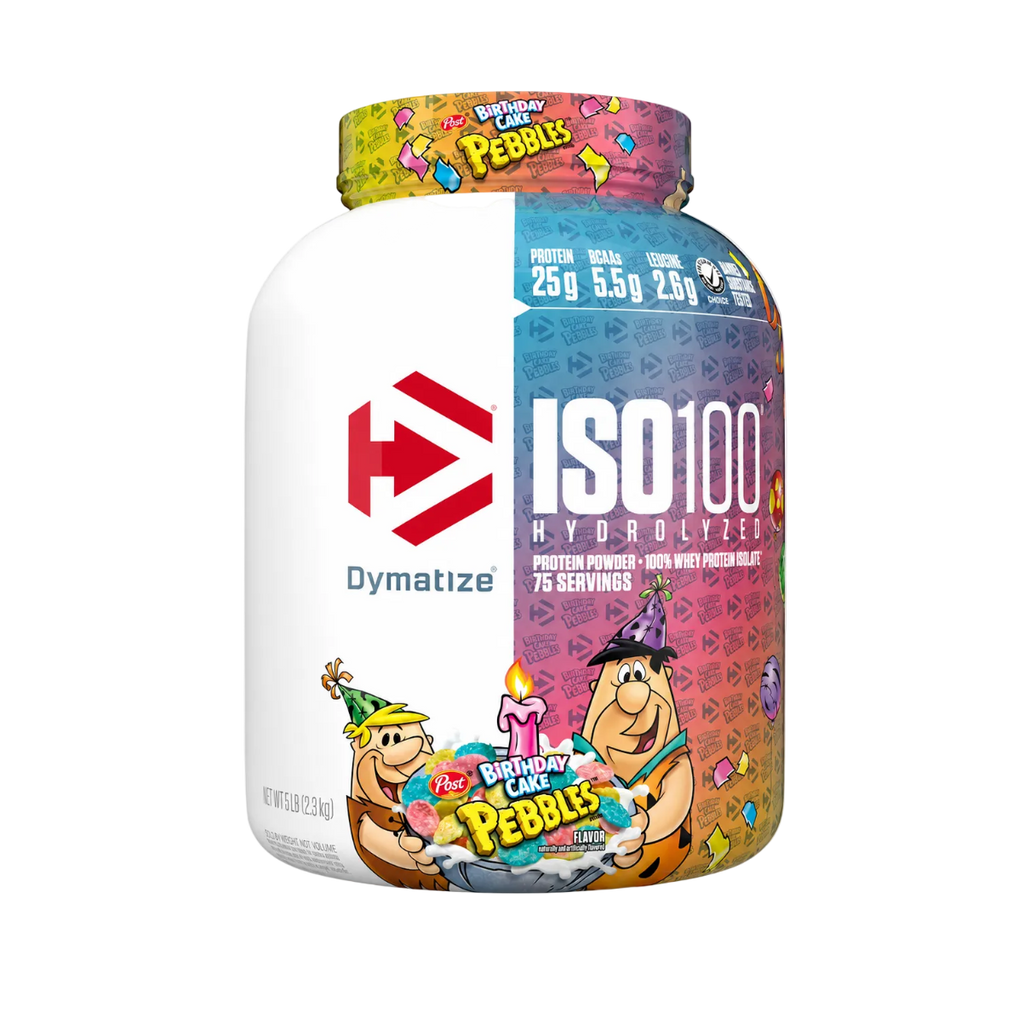 Dymatize ISO 100 protein powder bottle with cartoon characters on a white background