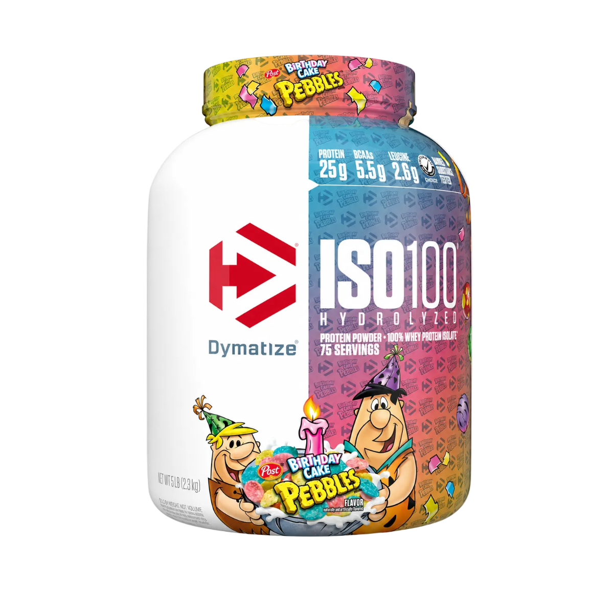 Dymatize ISO 100 protein powder bottle with cartoon characters on a white background