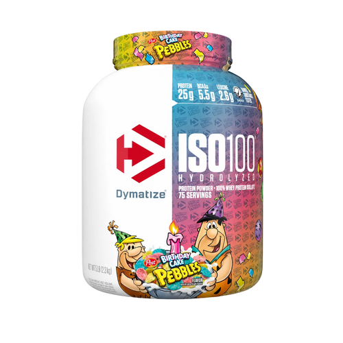 Dymatize ISO 100 protein powder bottle with cartoon characters on a white background