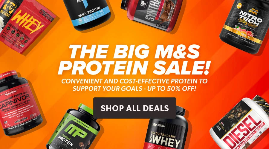 Promotional image for protein sale with various protein supplement bottles on an orange background.