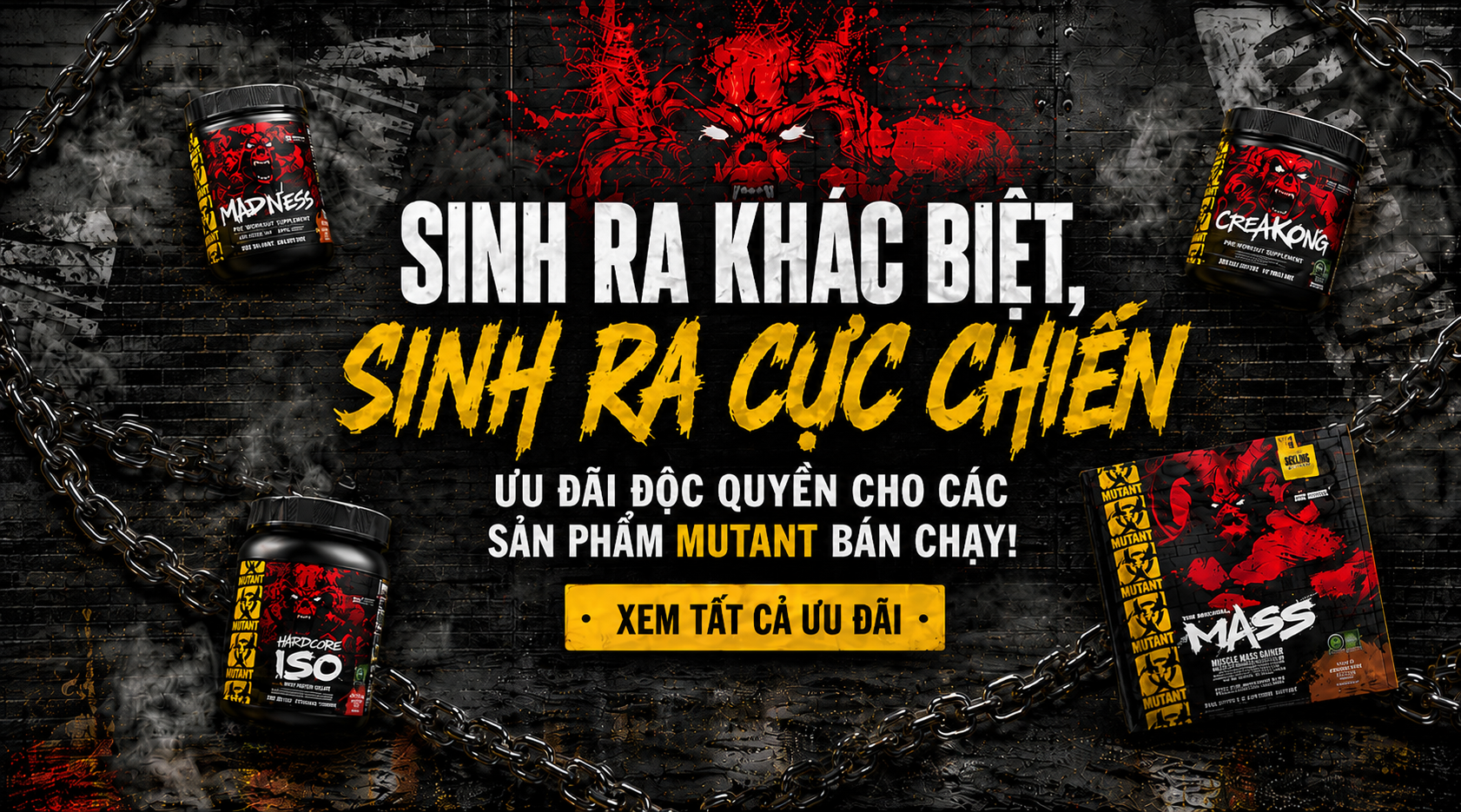 Promotional graphic for Mutant supplements with text in Vietnamese on a dark background.