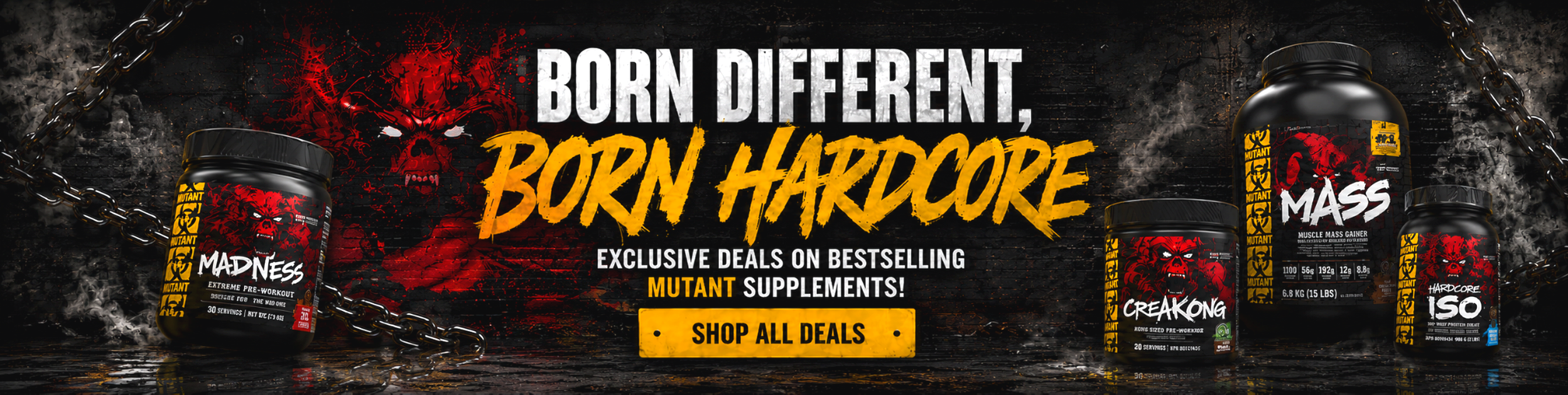 Mutant supplement products with promotional text on a dark background