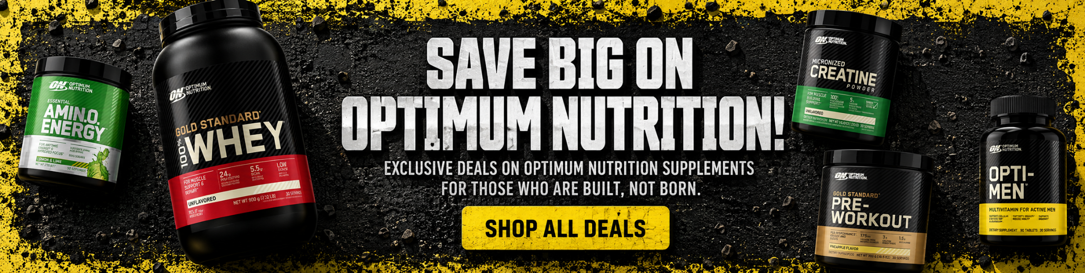 Promotional banner for Optimum Nutrition supplements with various products on a dark background.
